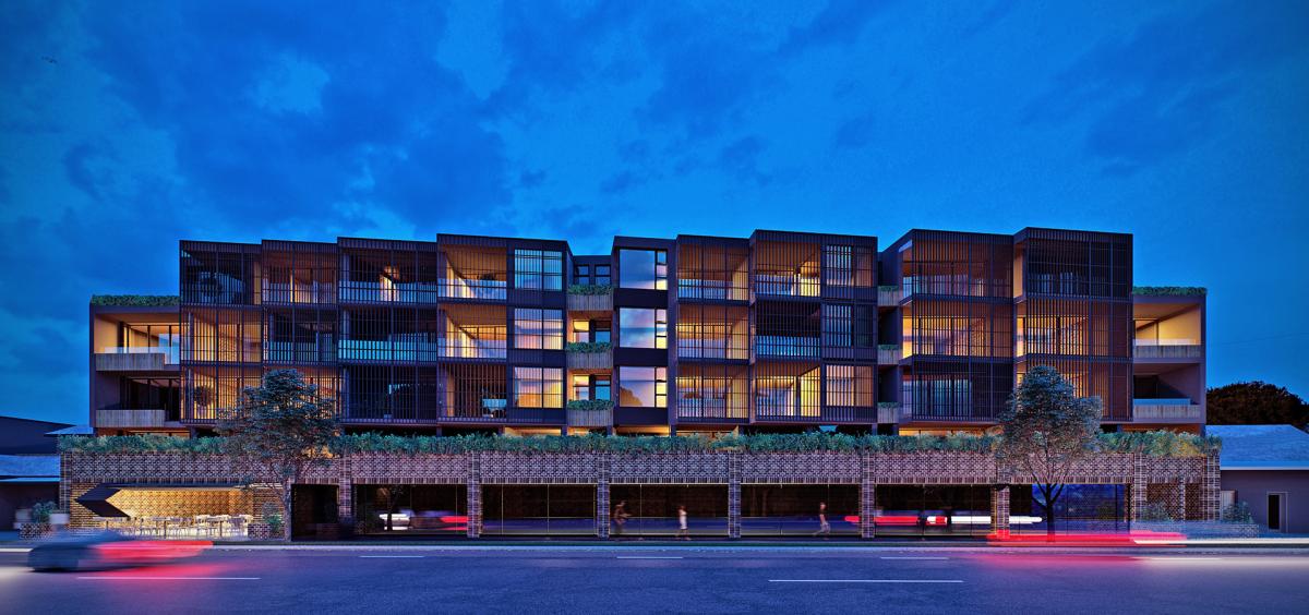 3d rendering of street apartments at night