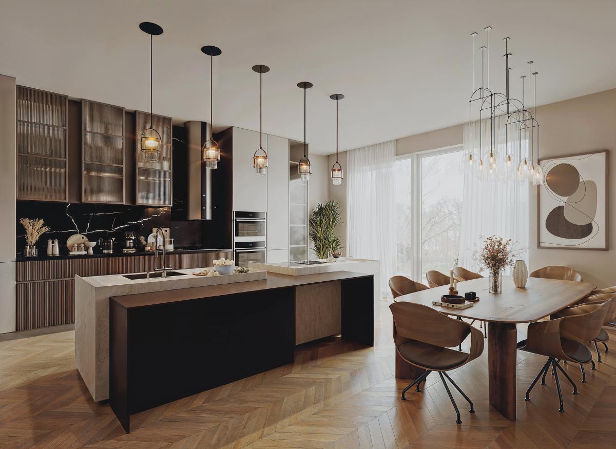 3D render of a modern kitchen with pendant lights and wood cabinets, inspired by Australian lifestyle and open-plan living.