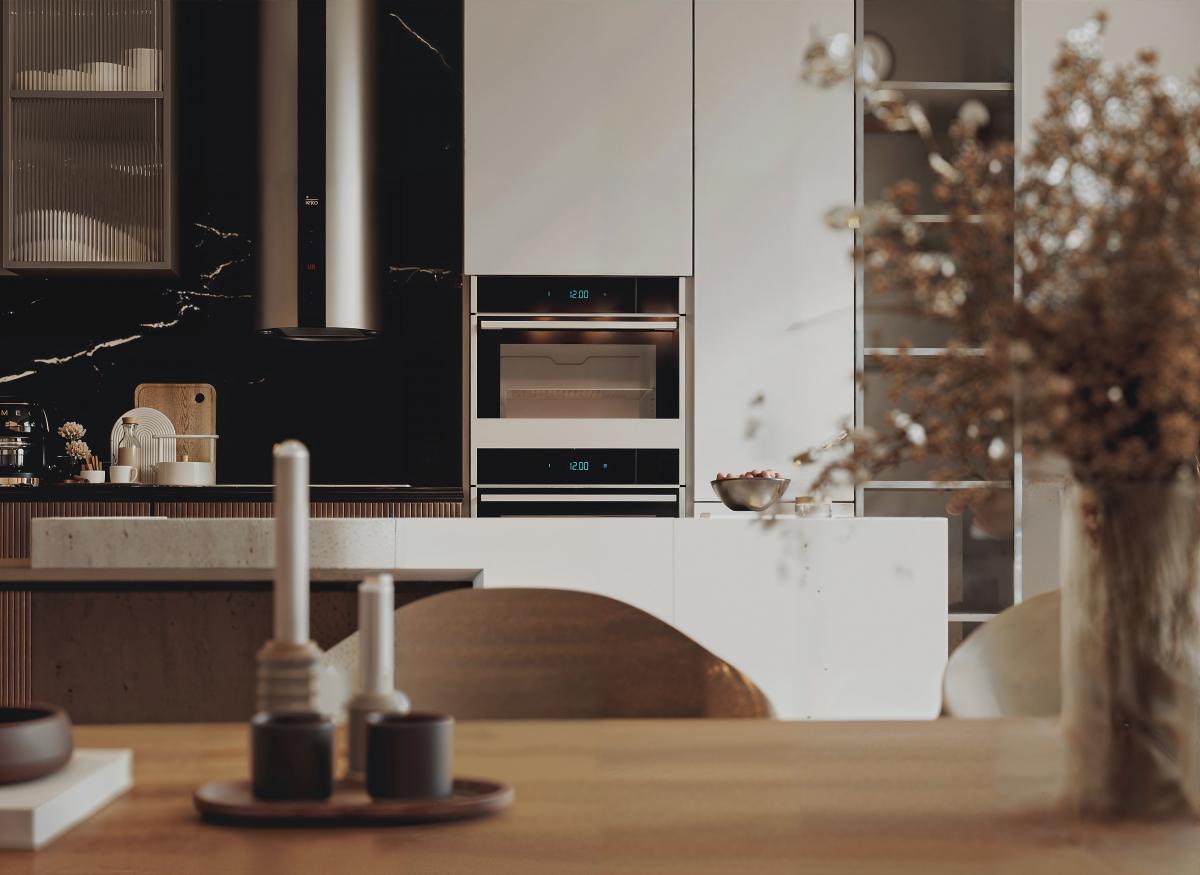  Photoreal 3D kitchen render with minimal decor and soft lighting in a stylish Australian home interior.