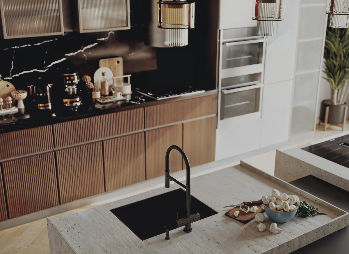 3D render close-up of a kitchen sink in a contemporary Australian home with natural wood and matte black accents.