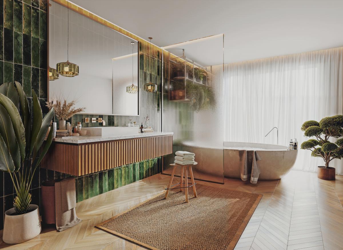 Photorealistic 3D render of a modern bathroom with green tiles, wood textures, and soft sunlight through sheer curtains.