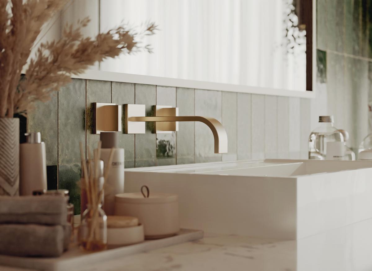 3D render close-up of a bathroom sink area with gold faucet, pampas decor, stone textures, and soft natural lighting.