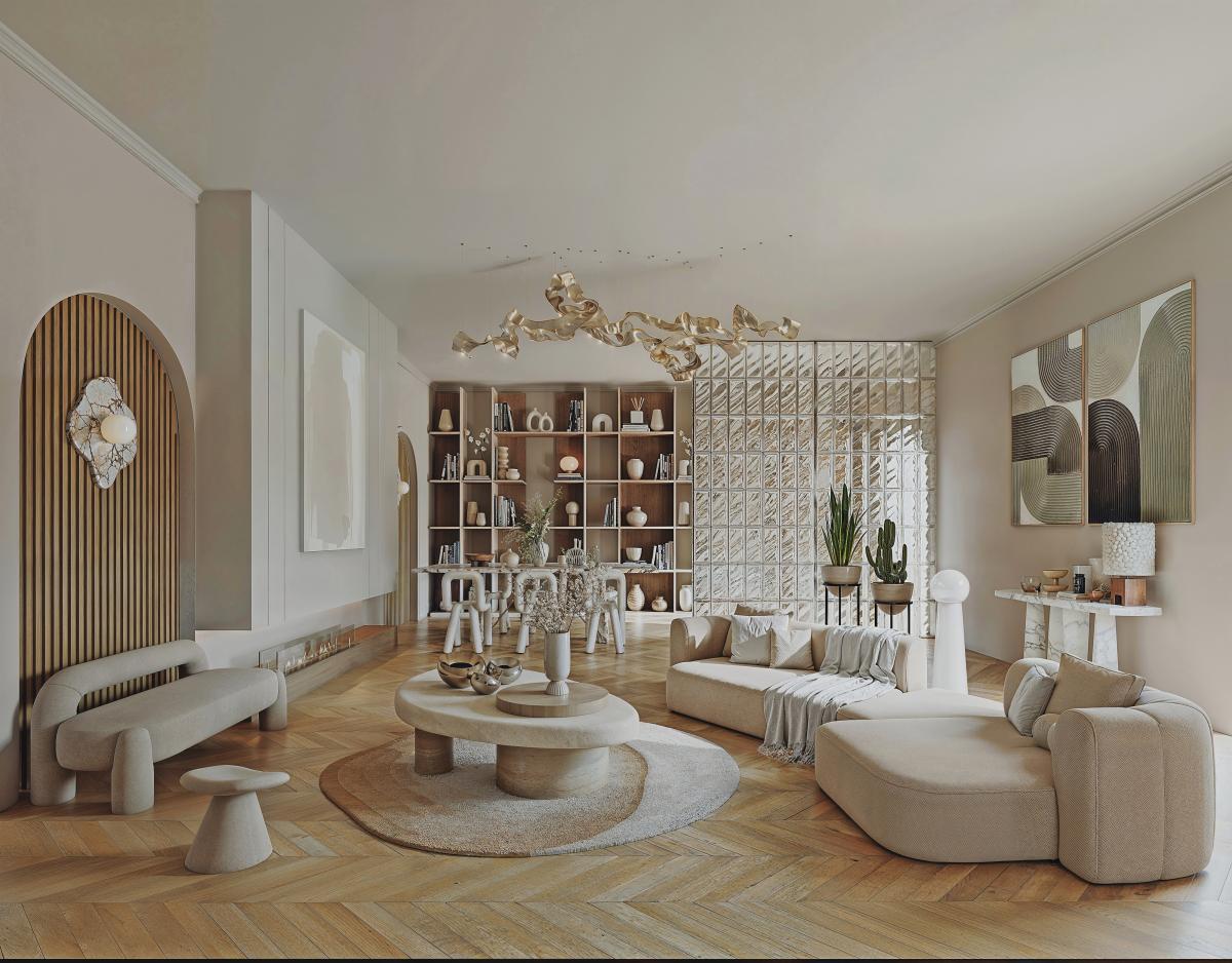 3D render of a bright living room with curved furniture and natural light, reflecting Australian open-living trends.