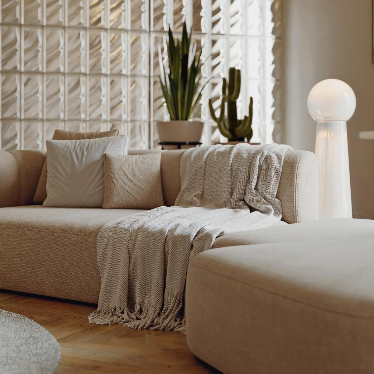 3D close-up render of a beige sectional sofa in an Australian-style living room with indoor greenery.