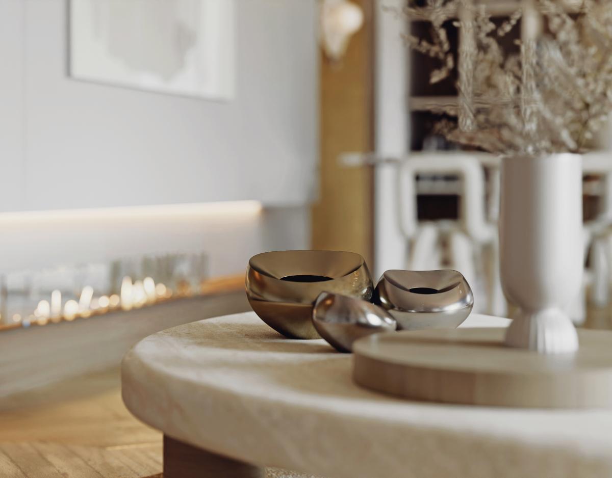 3D detail render of a coffee table with ceramic decor in a modern Australian living space.