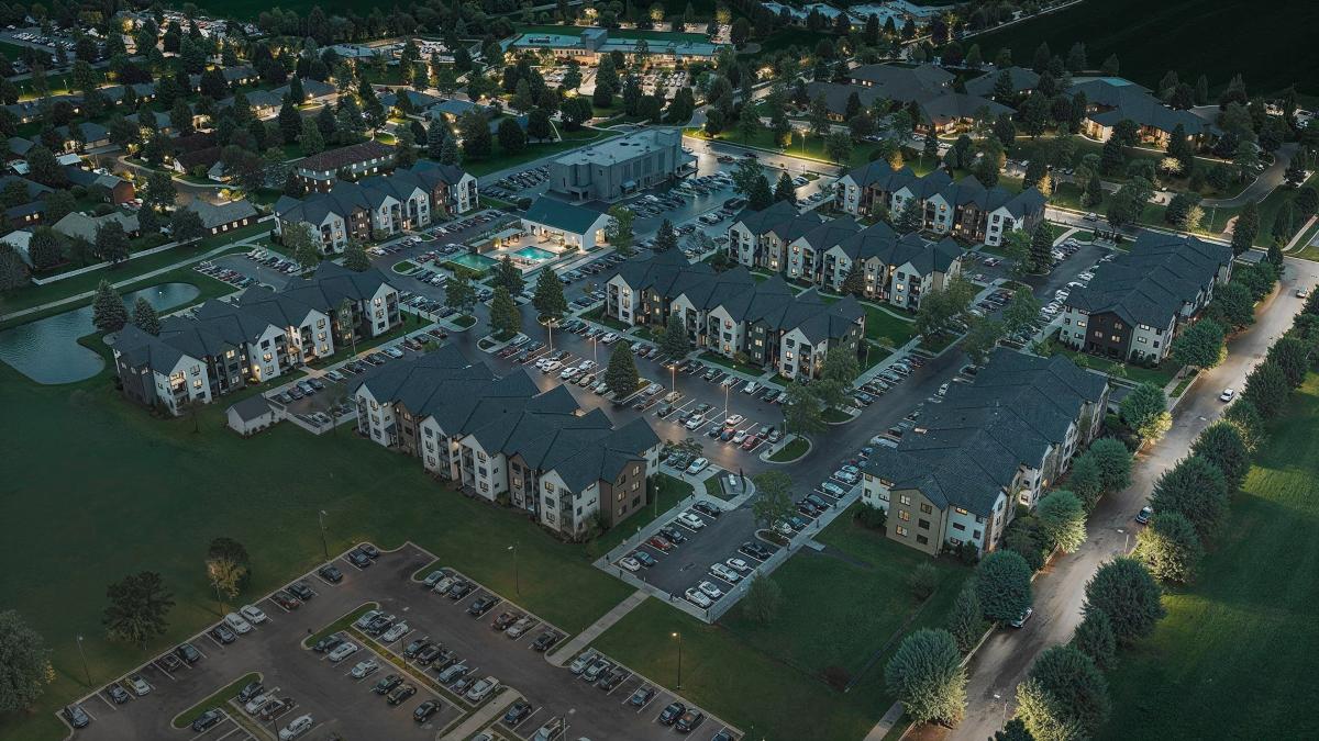 Aerial view of Aurora Apartments multi-family residential community in Great Falls, Montana