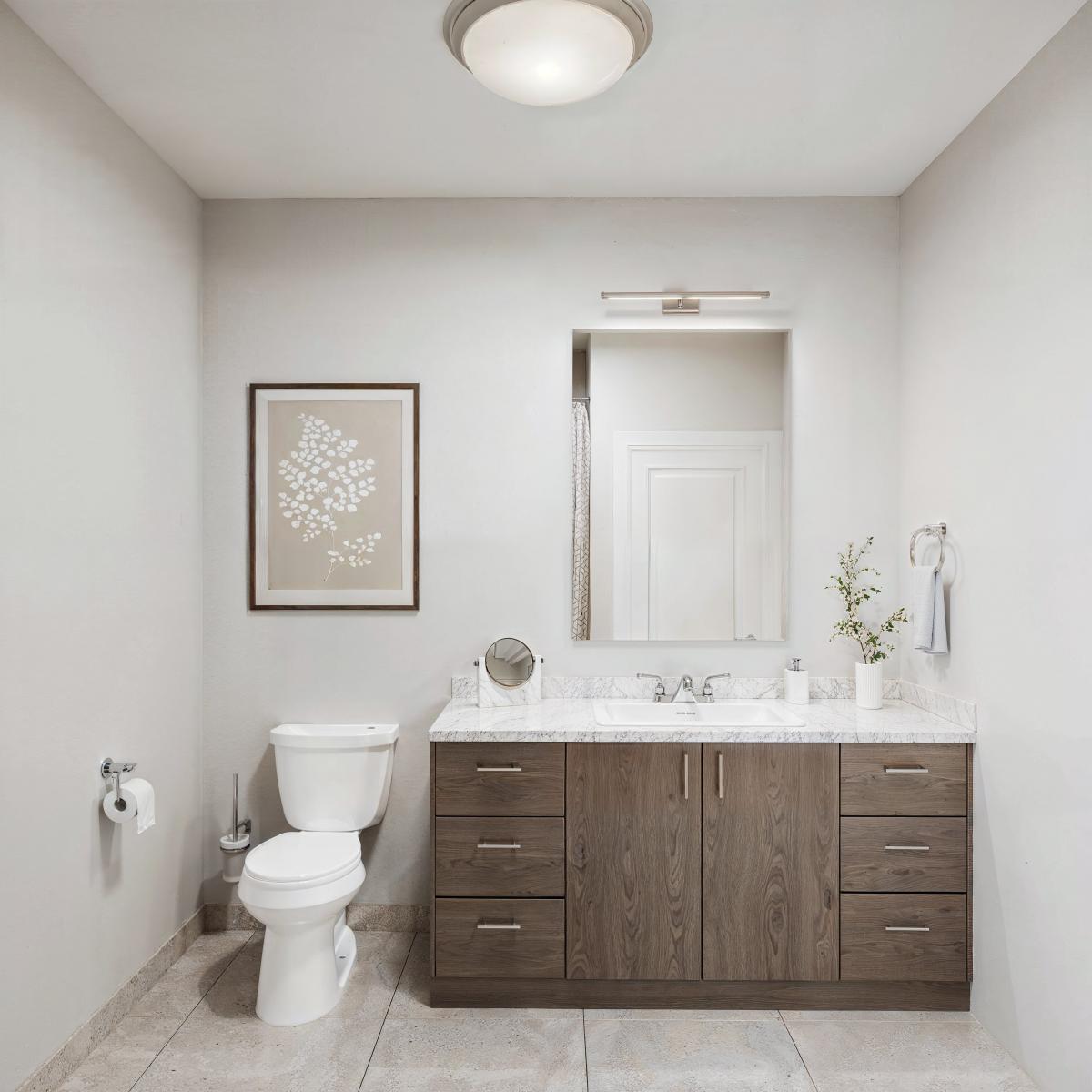 Contemporary apartment bathroom interior rendering at Aurora Apartments