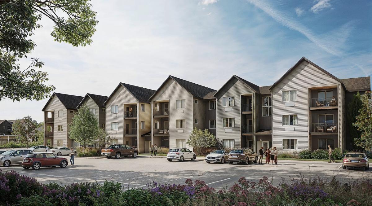 Exterior architectural rendering of Aurora Apartments building in Great Falls