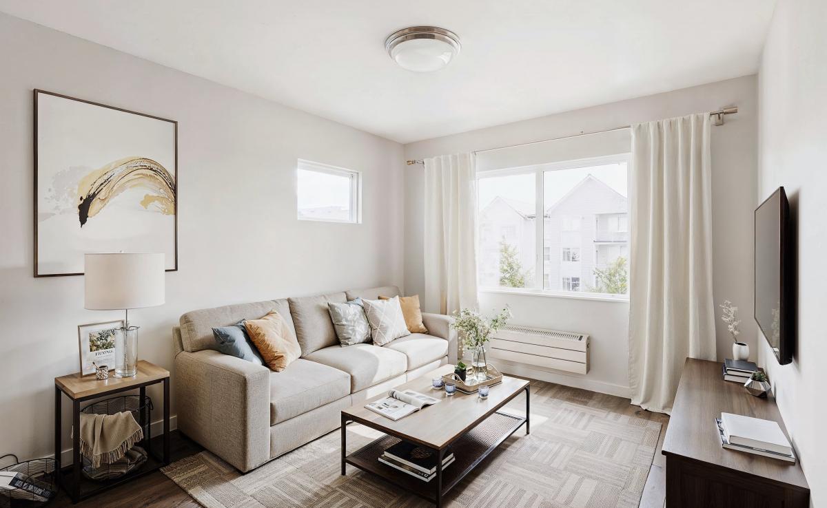 Modern apartment living room interior rendering at Aurora Apartments in Great Falls