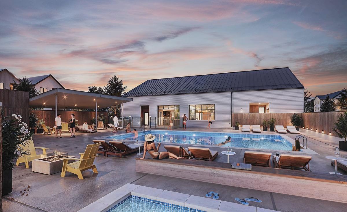 Clubhouse and pool area at Aurora Apartments residential community in Great Falls