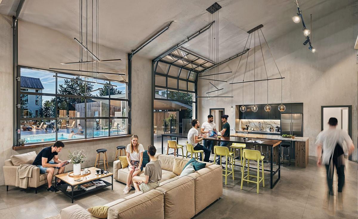 Interior visualization of Aurora Apartments clubhouse lounge and amenity space