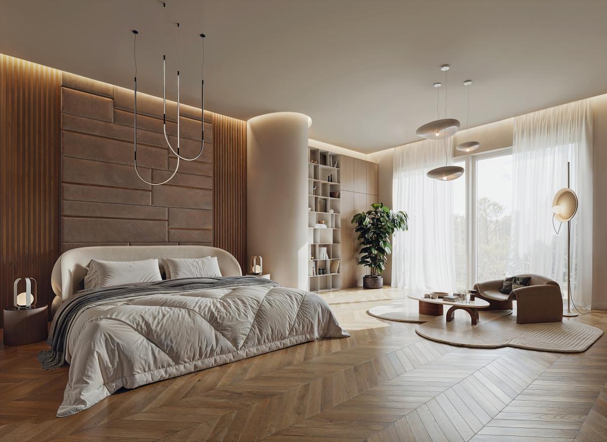3D render of a cozy Australian bedroom with wood panel walls and soft furnishings, styled for modern Melbourne living.