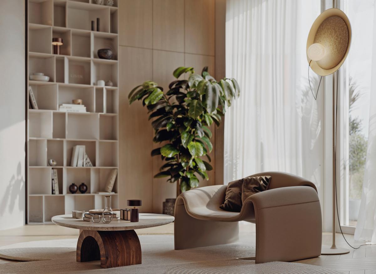  Interior 3D render of a bedroom corner with an armchair and plant, perfect for a calm Melbourne-inspired space.