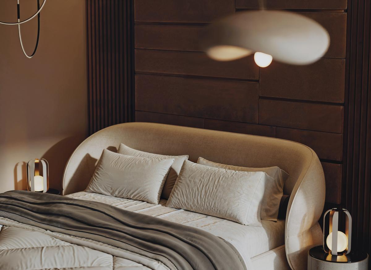 Moody 3D render of an Australian bedroom with velvet headboard and ambient lighting, perfect for high-end Melbourne homes.