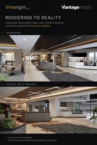 Vertical comparison showing a photorealistic architectural rendering of a Vantage Fitouts interior above, and the actual completed built project photo below. The two images show how close the final result came to the rendering when design, visualization, 